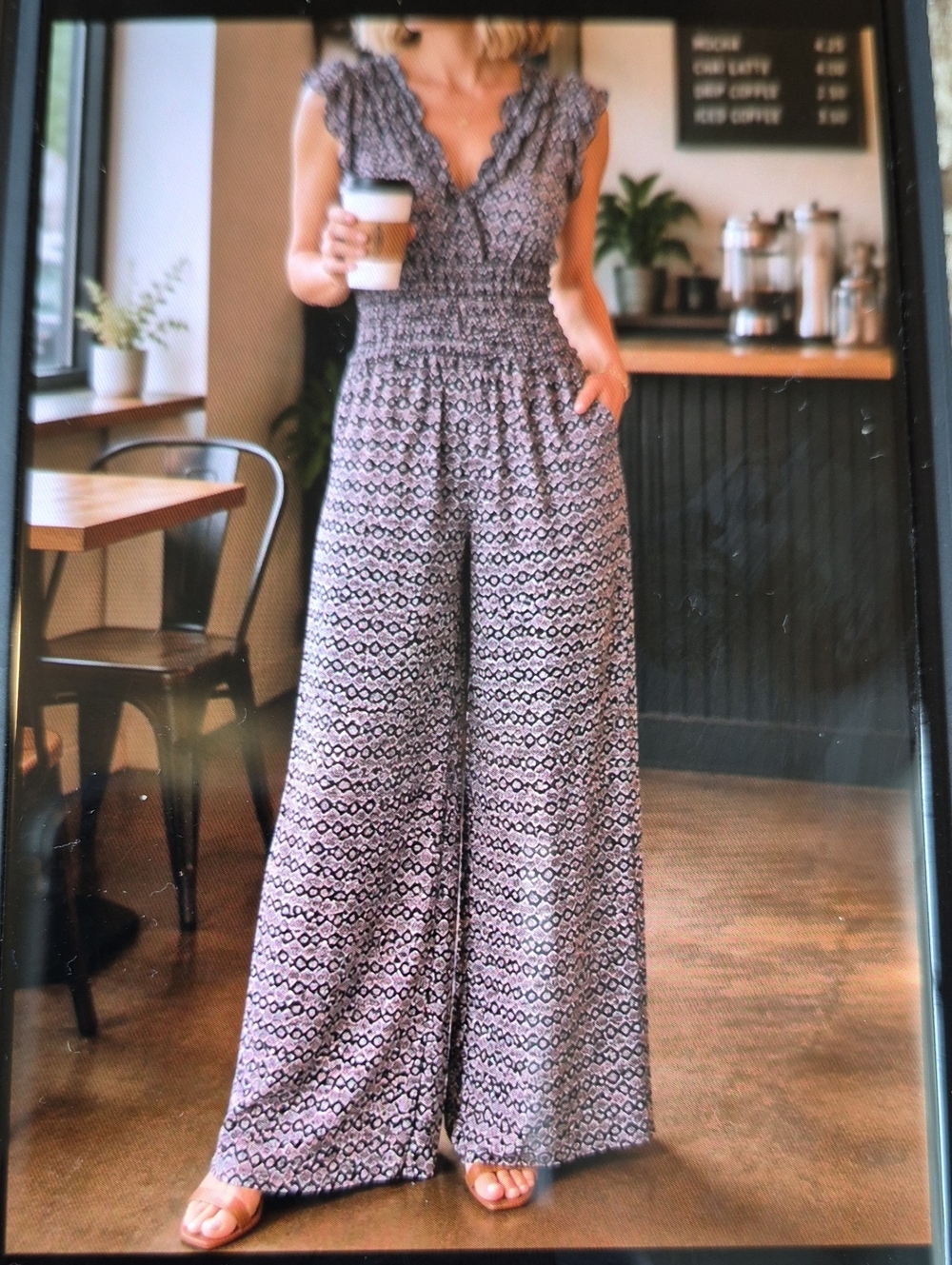 Max Studio Pink Printed Smocked-Waist Wide-Leg Jumpsuit Size XL